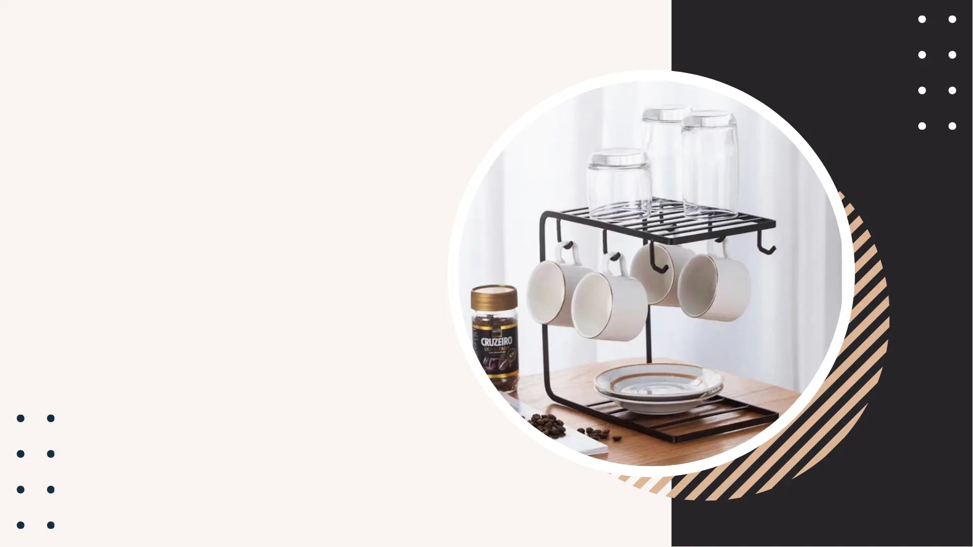 Coffee-making setup with mugs, a jar, and a stand on a wooden surface.