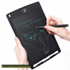 Hand holding a stylus over a small electronic writing pad with a drawing of Kung Fu Panda.