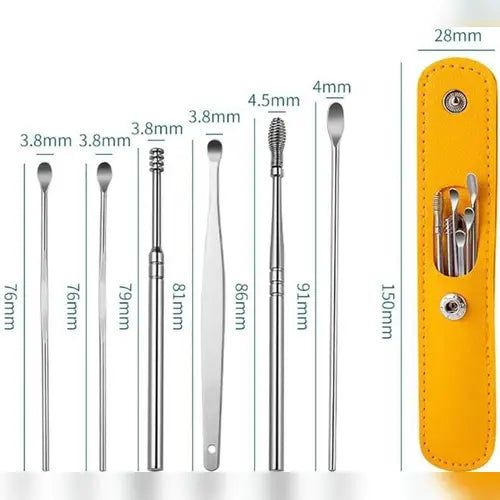 Set of metal ear cleaning tools with measurements and a yellow case.