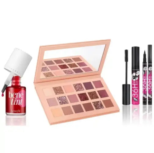 Makeup products including an open eyeshadow palette, a bottle of Benefit tint, and cosmetic pens on a white background.