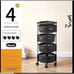 Black 4-tier rolling basket organizer with wheels on a wooden floor.