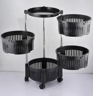Black tiered stand with circular baskets on a white background