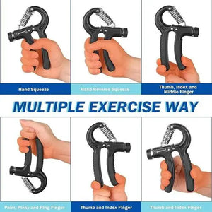 Grip strengthener being used on different hand positions with text indicating multiple exercise ways.