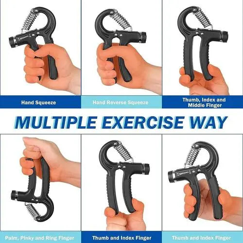 Grip strengthener being used on different hand positions with text indicating multiple exercise ways.