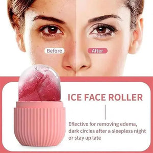 Ice face roller with 'Before' and 'After' effect on a woman's face, highlighting its effectiveness.