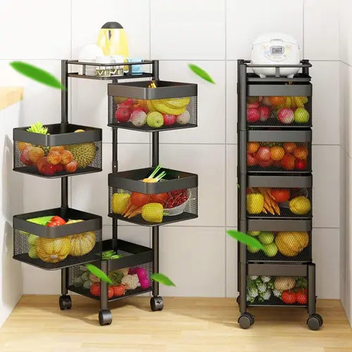 Two black metal rolling shelves with mesh baskets filled with fruits and vegetables in a kitchen setting.