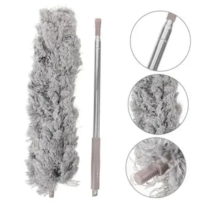 Gray feather duster with close-up details on a white background