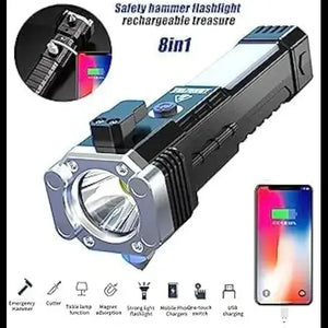 Multifunctional flashlight with charging cable and smartphone app interface on a white background