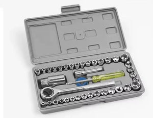 Mechanical tool set in a gray case on a white background