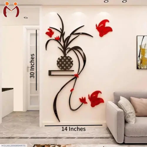 Decorative wall art with flowers and a pineapple on a wall next to a sofa.