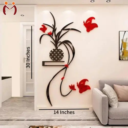 Decorative wall art with flowers and a pineapple on a wall next to a sofa.