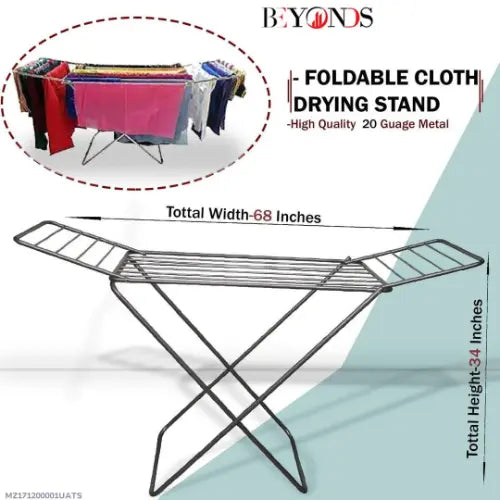 Foldable cloth drying stand with clothes on top, labeled 'BEYONDS'.