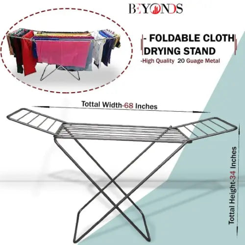 Foldable cloth drying stand with dimensions and a sample of clothes on it, branded 'BEYONDS'.