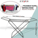 Foldable cloth drying stand with dimensions and a sample of clothes on it, branded 'BEYONDS'.