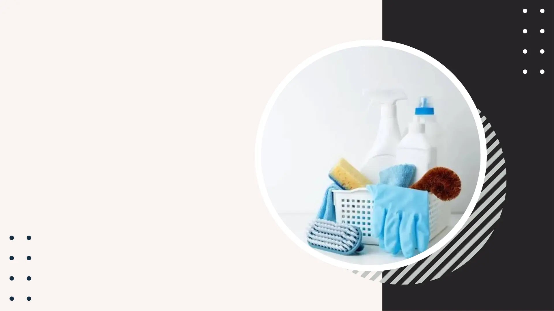 Basket with cleaning supplies including a bottle, sponges, and cloths on a white background.