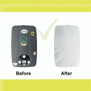 Comparison of a Canon product labeled 'Before' with a white sheet labeled 'After' on a yellow background.