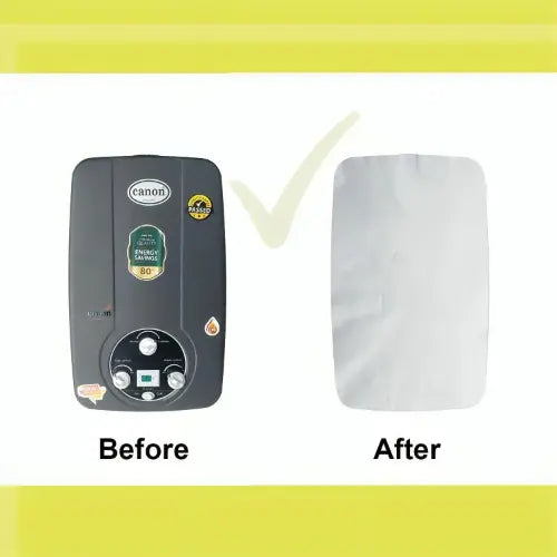 Comparison of a Canon product labeled 'Before' with a white sheet labeled 'After' on a yellow background.