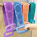 Set of colorful silicone scrubbers with handles hanging on a rack.