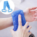 Blue scrubber being used to clean hands with soap bubbles, inset showing a close-up of the scrubber.
