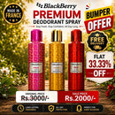 Promotional graphic for BlackBerry Premium Deodorant Spray showing three spray bottles in pink, gold, and red packaging, with sale text, 'Made in France' badge, and delivery offer on a blurred outdoor background.