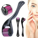 Roller for skincare with close-up of skin texture and person using it.