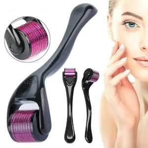Roller for skincare with close-up of skin texture and person using it.