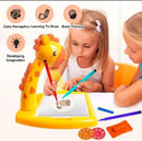 Two children using a giraffe-shaped drawing toy with colorful pens on a white background.