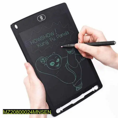 Hand holding a stylus over a small electronic writing pad with a drawing of Kung Fu Panda.
