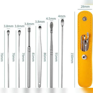 Set of metal ear cleaning tools with measurements and a yellow case.