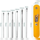Set of metal ear cleaning tools with measurements and a yellow case.