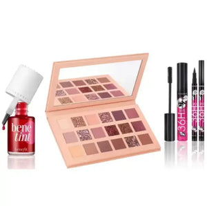 Makeup products including an open eyeshadow palette, a bottle of Benefit tint, and cosmetic pens on a white background.