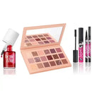 Makeup products including an open eyeshadow palette, a bottle of Benefit tint, and cosmetic pens on a white background.