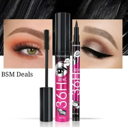 Makeup products including mascara and eyeliner with close-up shots of eye makeup.