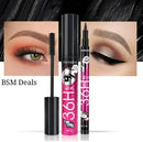 Makeup products including mascara and eyeliner with close-up shots of eye makeup.