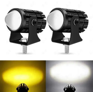 Two black LED work lights with color-changing effect on a white background.