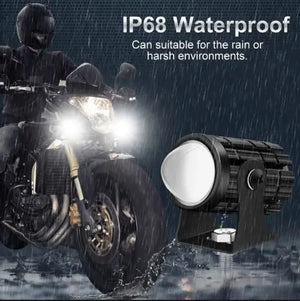 Motorcycle with a waterproof light bulb in a rainstorm, highlighting IP68 rating.