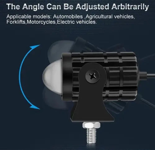 Adjustable light mount with text indicating adjustable angle and compatibility with various vehicles on a dark background.