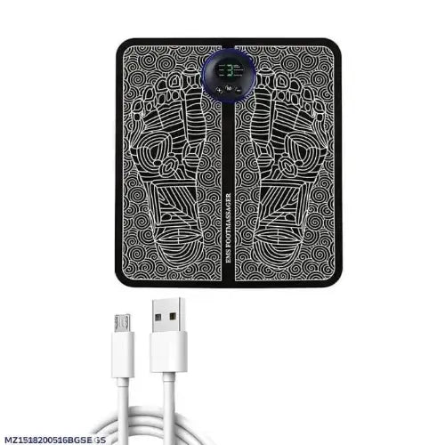 Portable power bank with digital display and charging cable on a white background