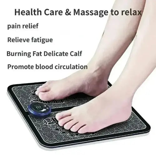 Person using a foot massager with text highlighting its health benefits on a white background