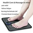 Person using a foot massager with text highlighting its health benefits on a white background