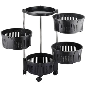 Black tiered cart with circular baskets on a white background