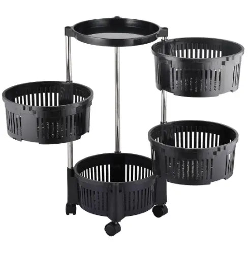 Black tiered cart with circular baskets on a white background