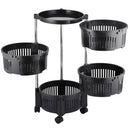 Black tiered cart with circular baskets on a white background