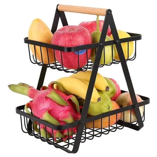 2 Tier Portable Iron Fruit Basket Black