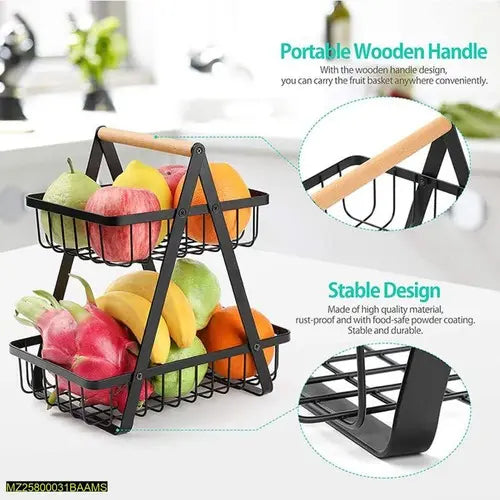2 Tier Portable Iron Fruit Basket Black