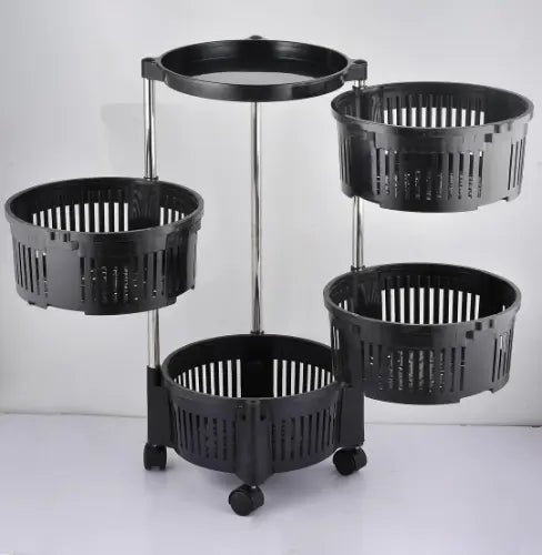 Black tiered stand with circular baskets on a white background