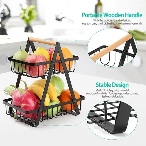 2 Tier Portable Iron Fruit Basket Black