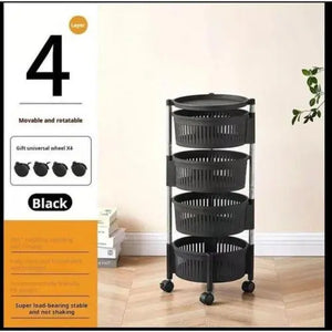 Black multi-tiered rolling cart with wheels on a wooden floor, next to packaging with product details.