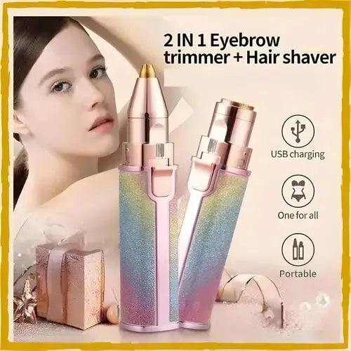 2-in-1 eyebrow trimmer and hair shaver with USB charging feature, displayed with a woman's face and gift box.