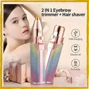 2-in-1 eyebrow trimmer and hair shaver with USB charging feature, displayed with a woman's face and gift box.